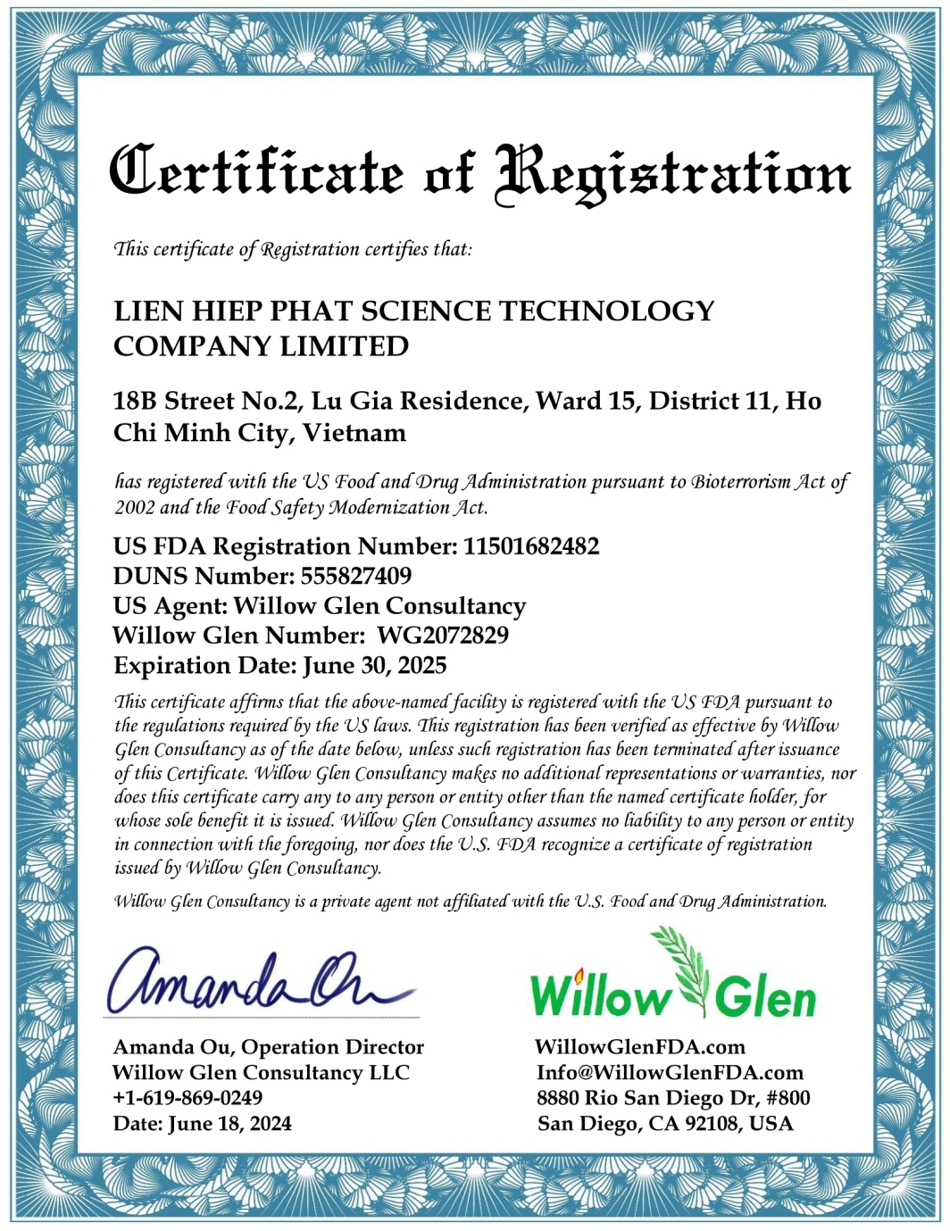 Đăng Ký Cơ Sở với FDA Hoa Kỳ Certificate