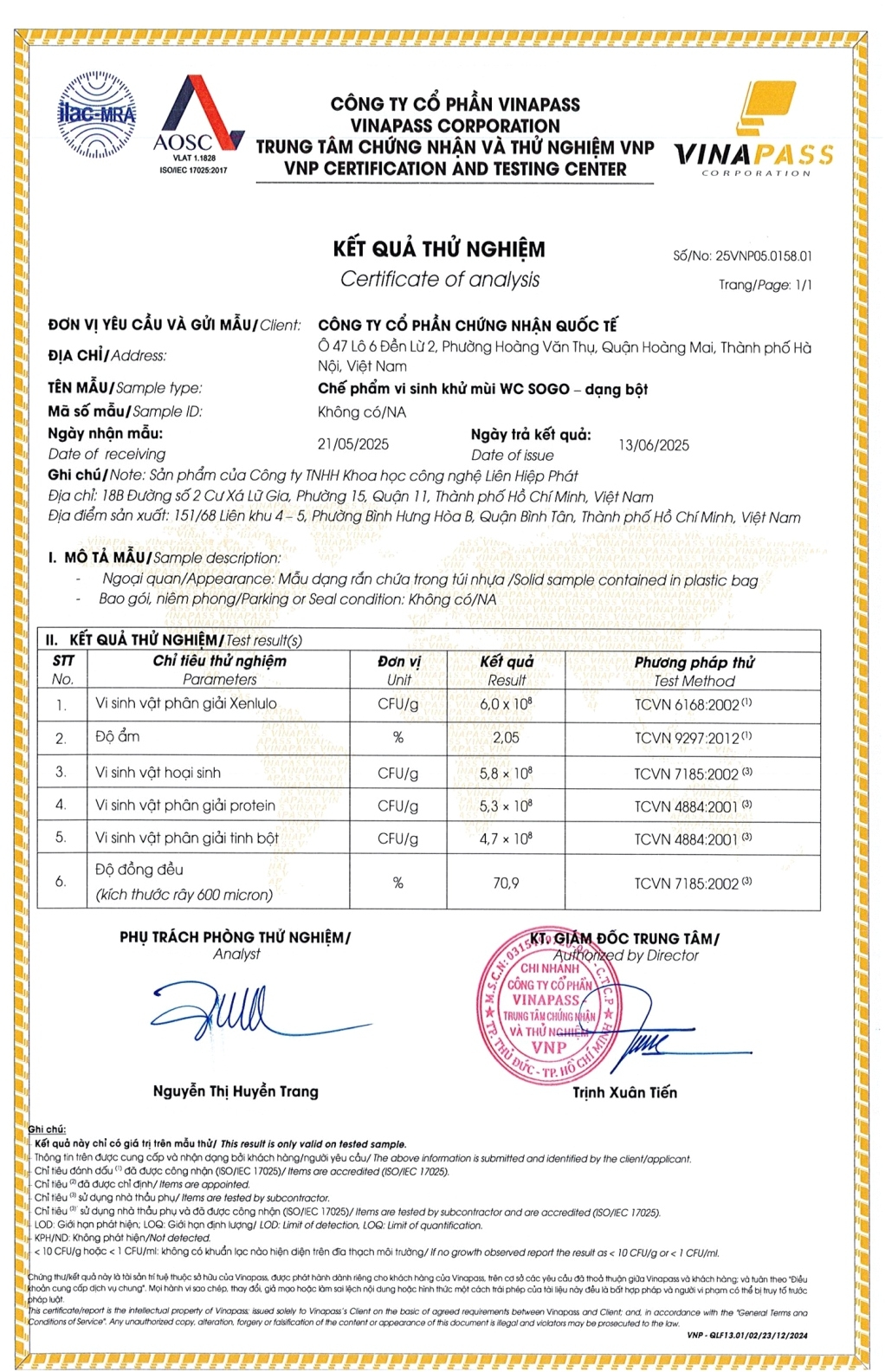 Phân Tích Phòng Thí Nghiệm SOGO Certificate